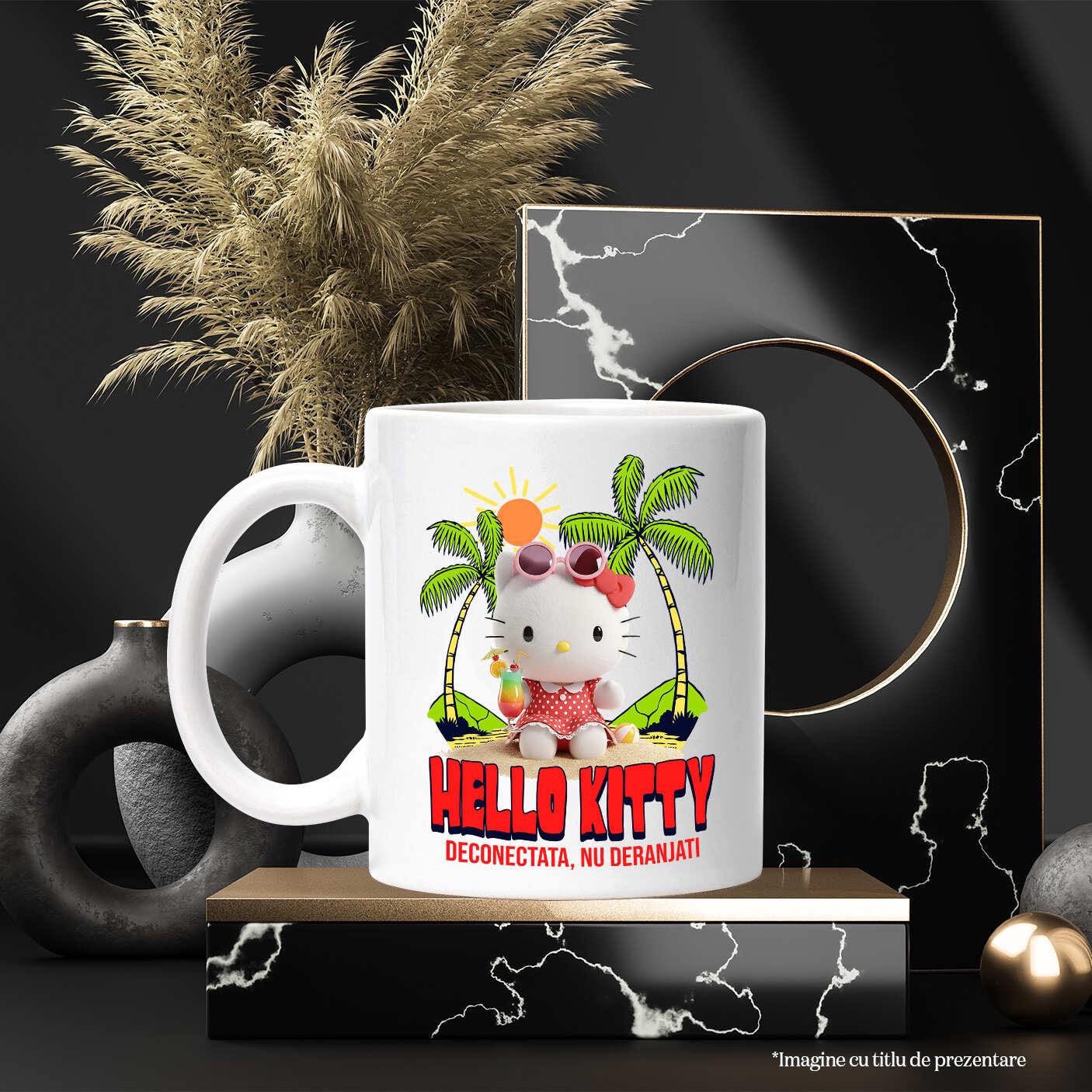 Cana Cu Hello Kitty la Plaja – Soare si Palmieri Ceramica, 330ML, cu Maner Alb [2]