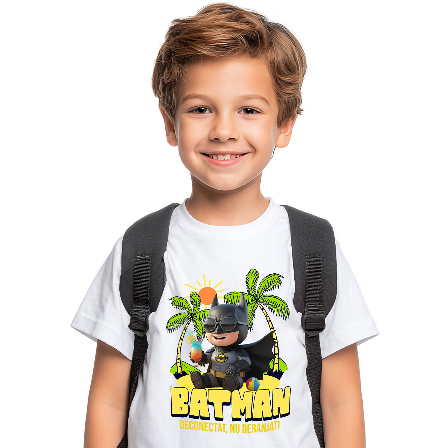 Plaja - Tricou Copii cu Relaxare cu Batman: Soare si Palmieri 100% Bumbac, Alb, 12 Ani