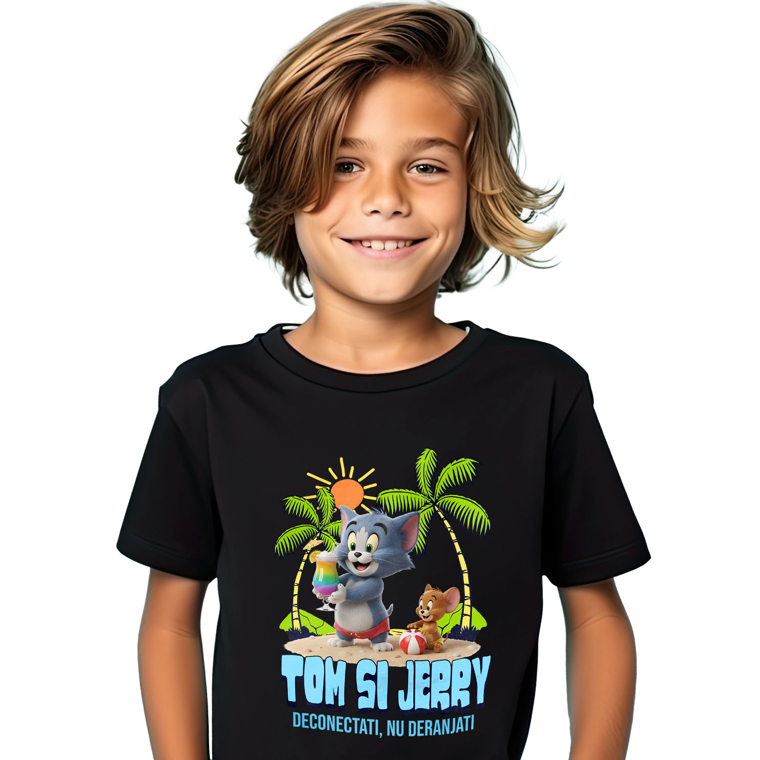 Plaja - Tricou Copii cu Relaxare la Mare cu Tom and Jerry 100% Bumbac, Negru, 10 Ani