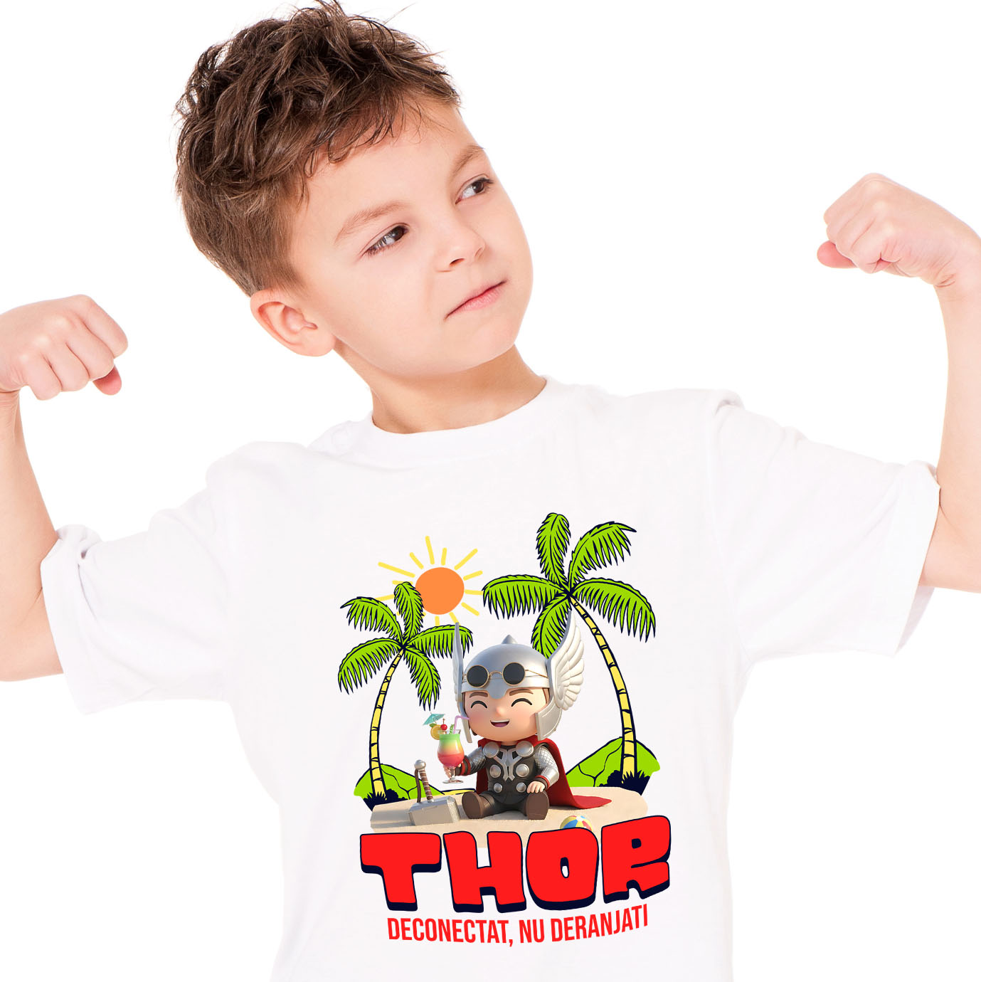 Plaja - Tricou Copii cu Thor Tropical: Mare si Palmieri 100% Bumbac, Alb, 6 Ani