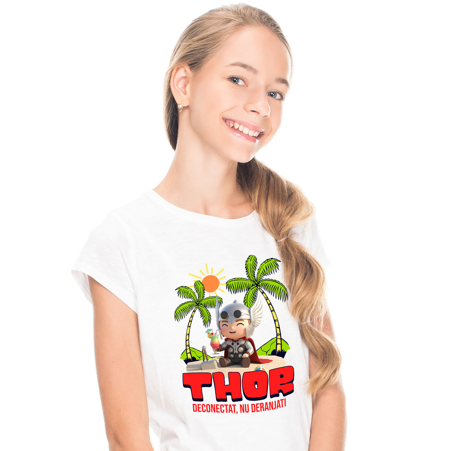 Tricou Copii cu Thor Tropical: Mare si Palmieri 100% Bumbac, Alb, 6 Ani [1]