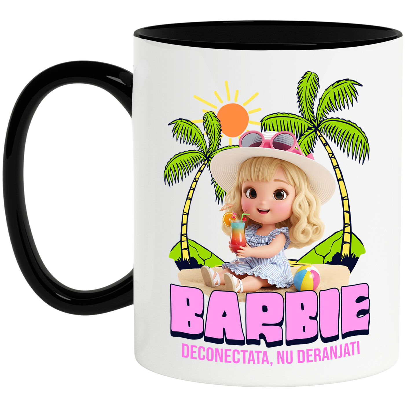 Căni - Cana Cu Barbie Sub Palmieri: Soare si Mare Ceramica, 330ML, cu Maner Negru