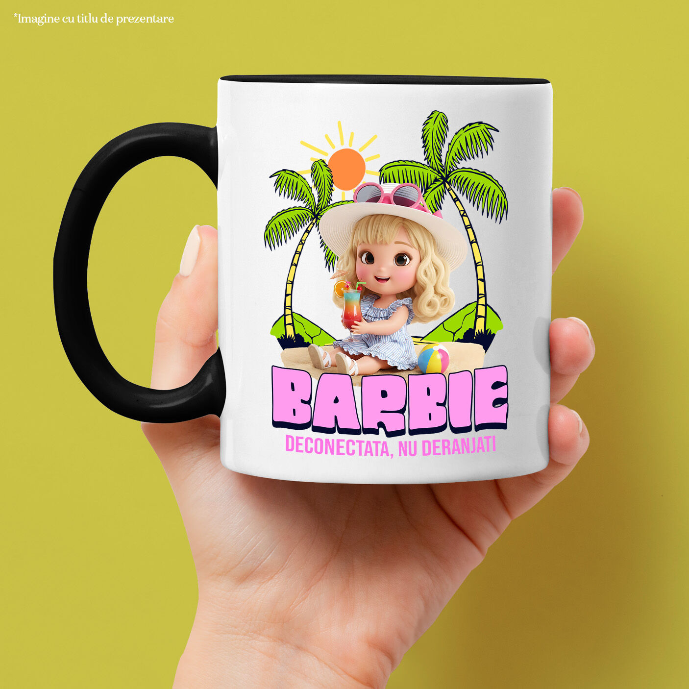 Cana Cu Barbie Sub Palmieri: Soare si Mare Ceramica, 330ML, cu Maner Negru [1]