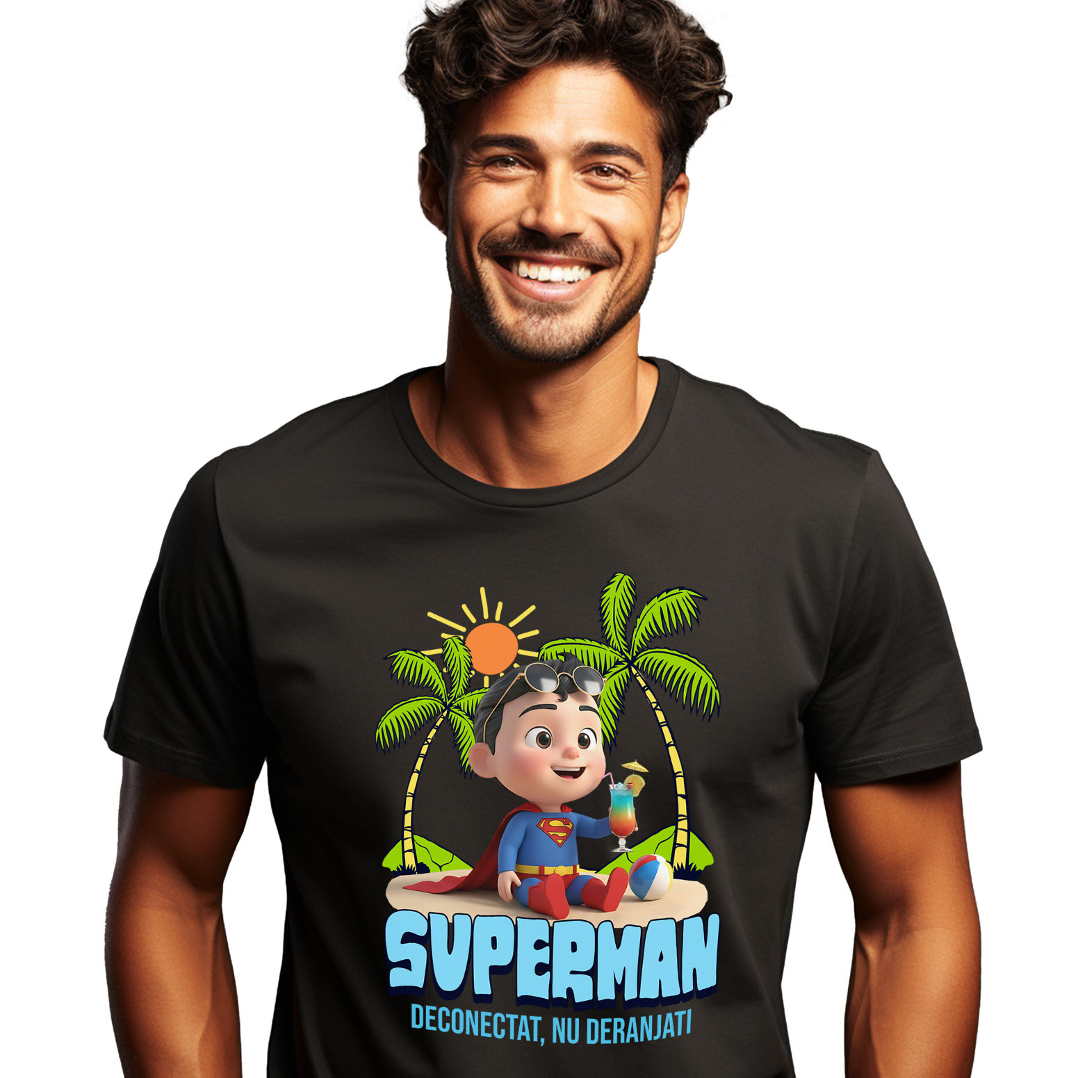 Plaja - Tricou Barbati cu Relaxare Sub Soare cu Superman 100% Bumbac, Negru, M