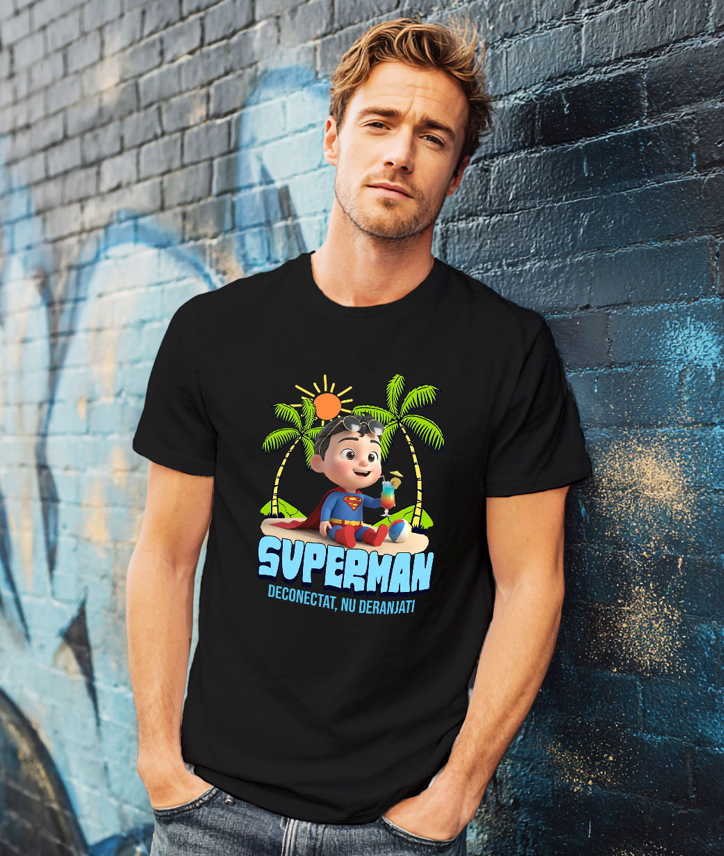 Tricou Barbati cu Relaxare Sub Soare cu Superman 100% Bumbac, Negru, M [1]
