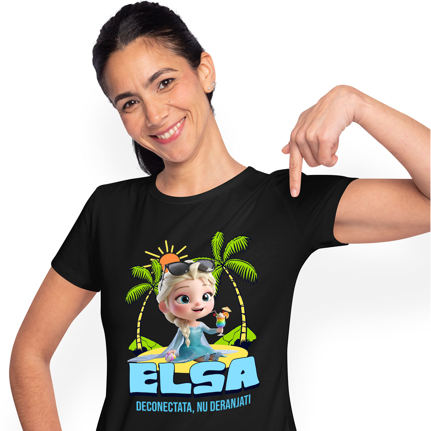 Tricouri - Tricou Femei cu Elsa Sub Palmieri: Soare si Mare 100% Bumbac, Negru, XL