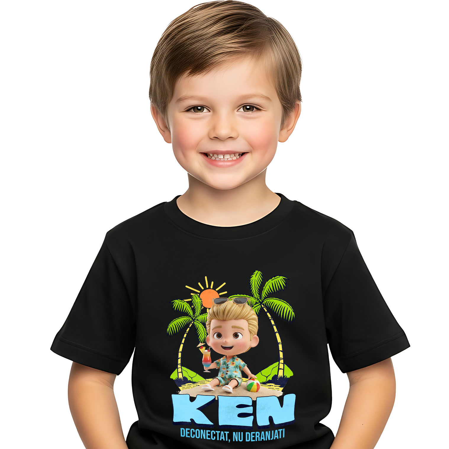 Plaja - Tricou Copii cu Aventuri la Mare cu Ken 100% Bumbac, Negru, 8 Ani