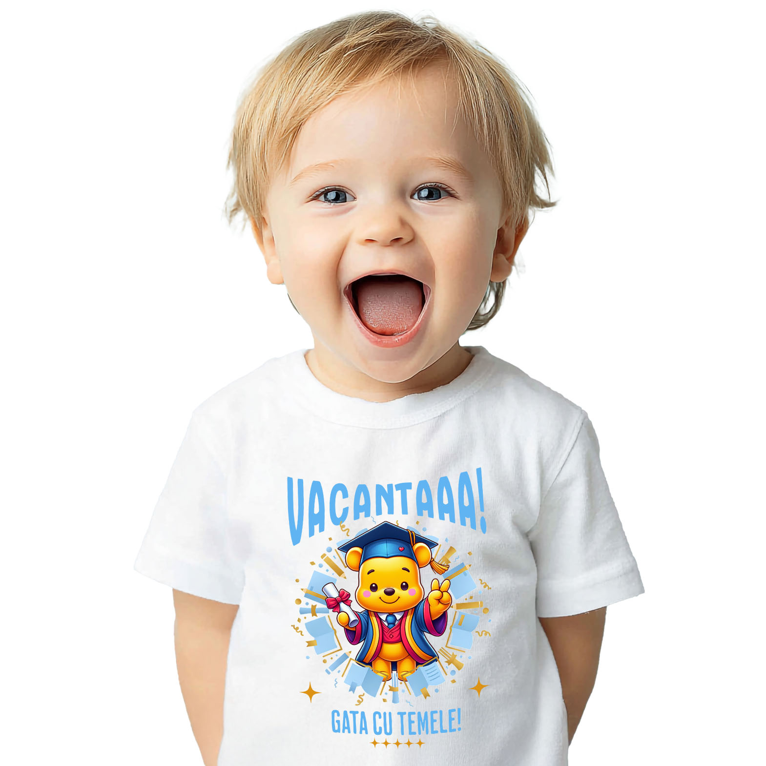 Educatie - Tricou Copii cu Vacanta de Neuitat cu Winnie si Diplome 100% Bumbac, Alb, 10 Ani