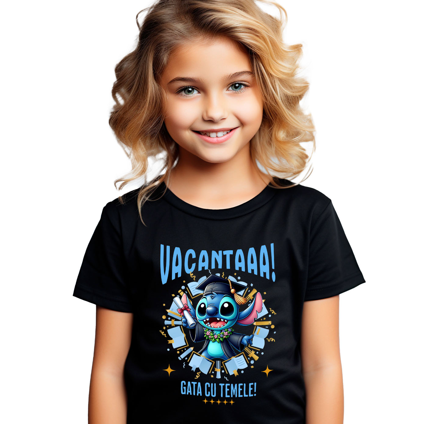 Educatie - Tricou Copii cu Explorari de Vacanta cu Stitch si Diplome 100% Bumbac, Negru, 8 Ani