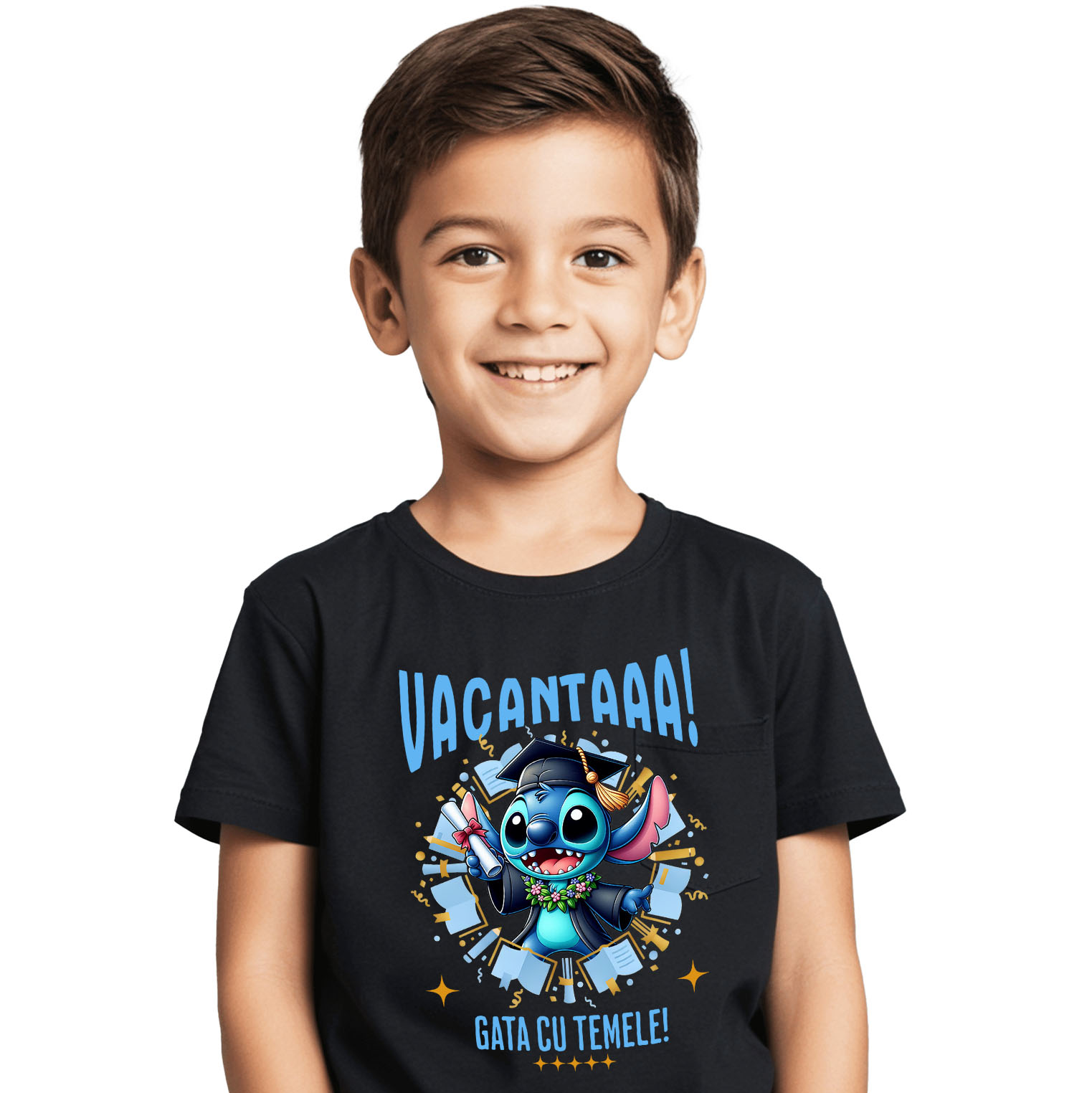 Tricou Copii cu Explorari de Vacanta cu Stitch si Diplome 100% Bumbac, Negru, 8 Ani [1]