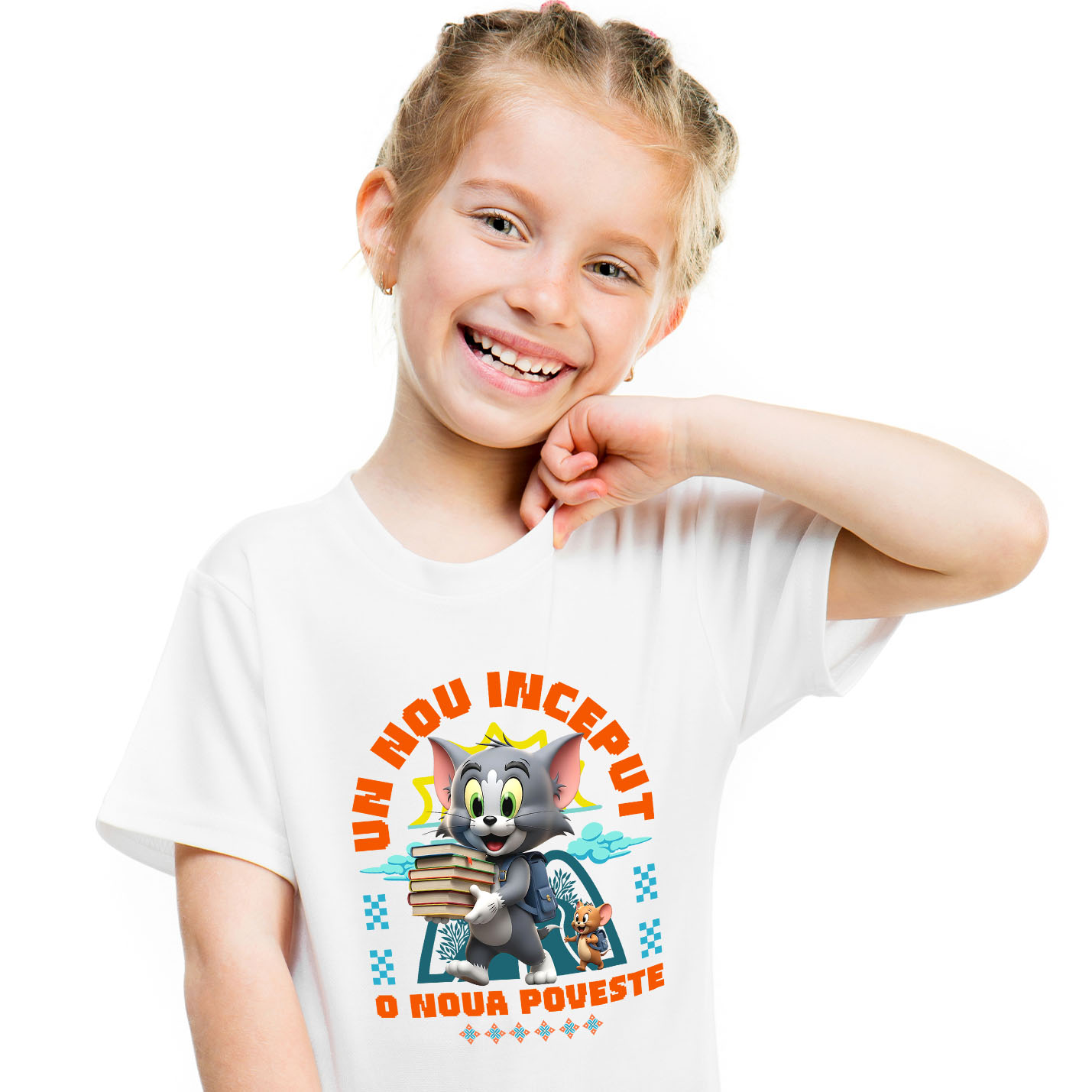 Educatie - Tricou Copii cu om și Jerry – Învață Distractiv, Făcând Primii Pași 100% Bumbac, Alb, 12 Ani