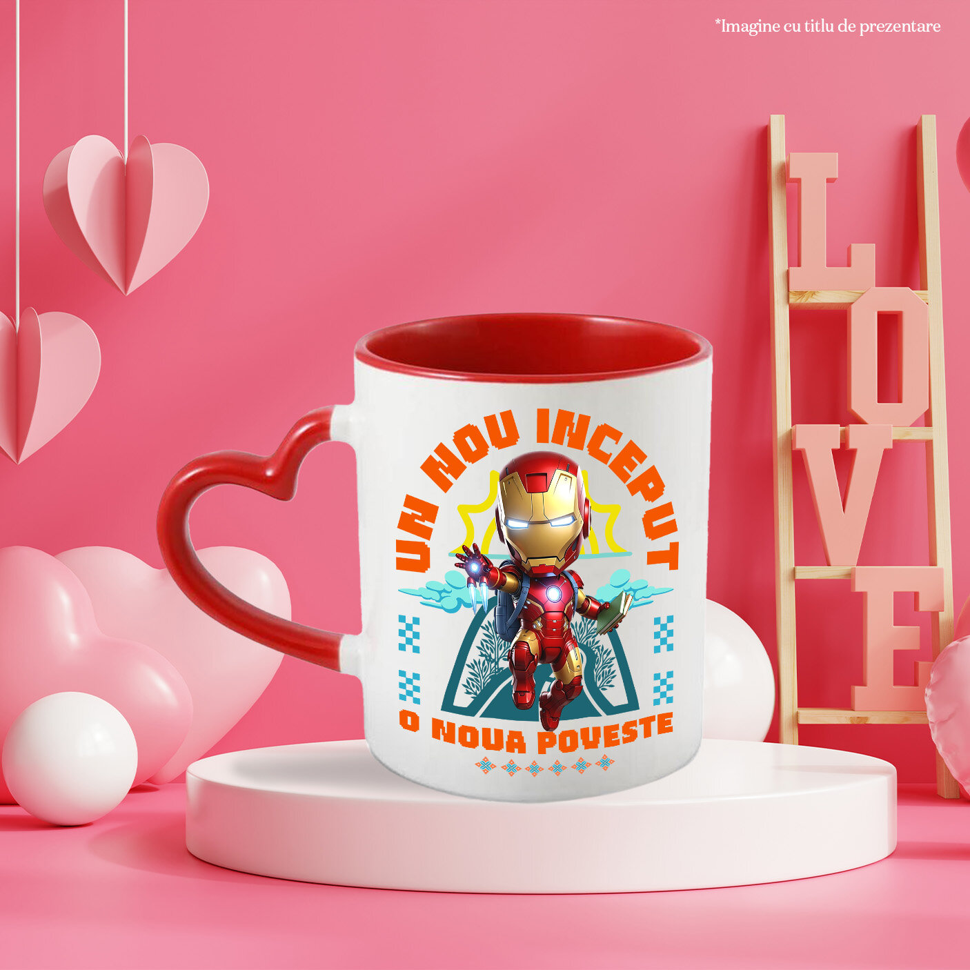 Cana Cu Iron Man – Cunoaștere și Inovație La Primii Pași Ceramica, 330ML, cu Maner Inima Rosie [2]