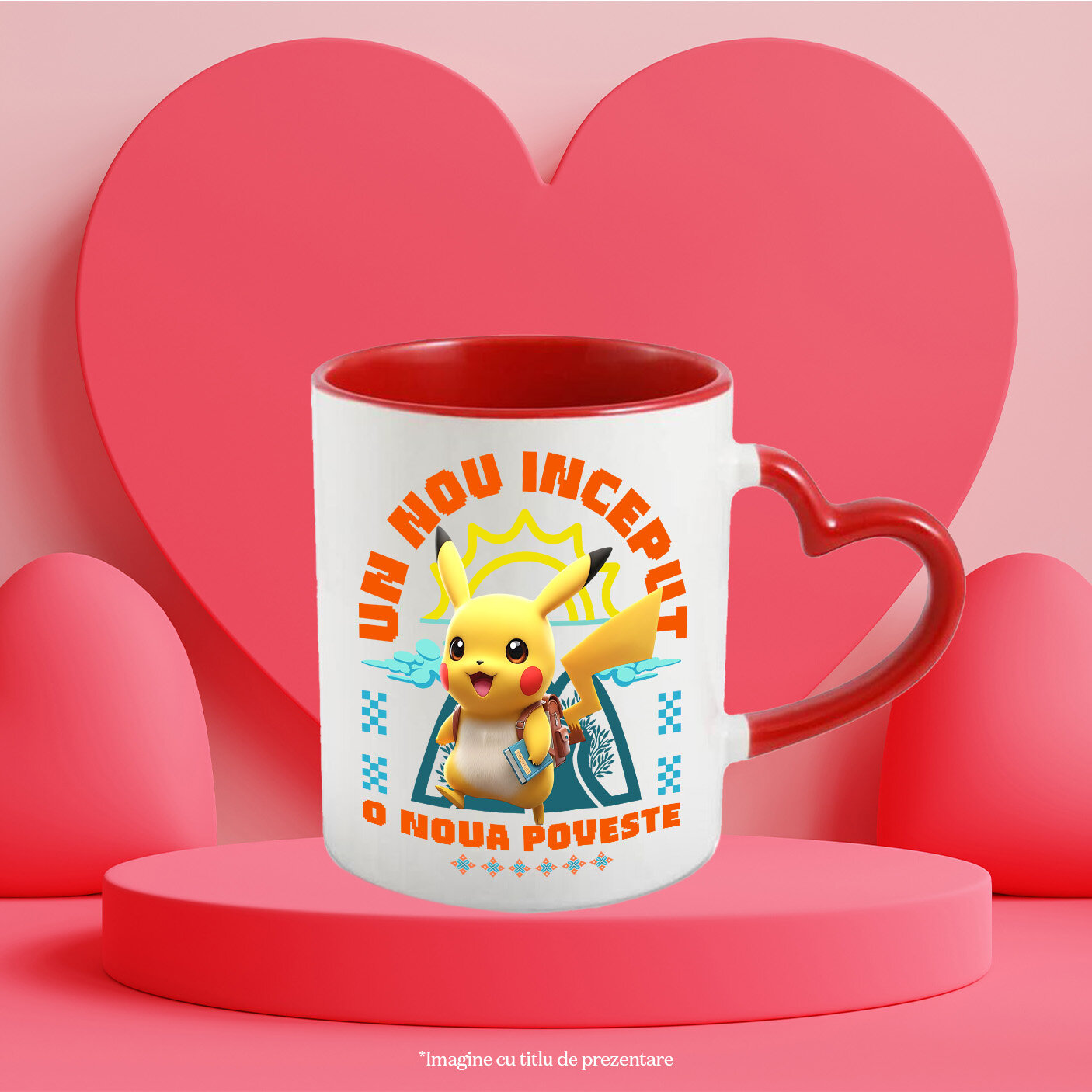 Cana Cu Cu Pikachu, Cărți Și Aventuri Pe Drumul Creșterii Ceramica, 330ML, cu Maner Inima Rosie [2]