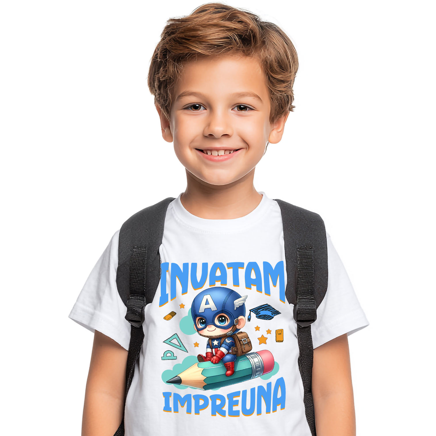 Educatie - Tricou Copii cu Captain America – Crestem Impreuna In Lumea Eroilor 100% Bumbac, Alb, 6 Ani