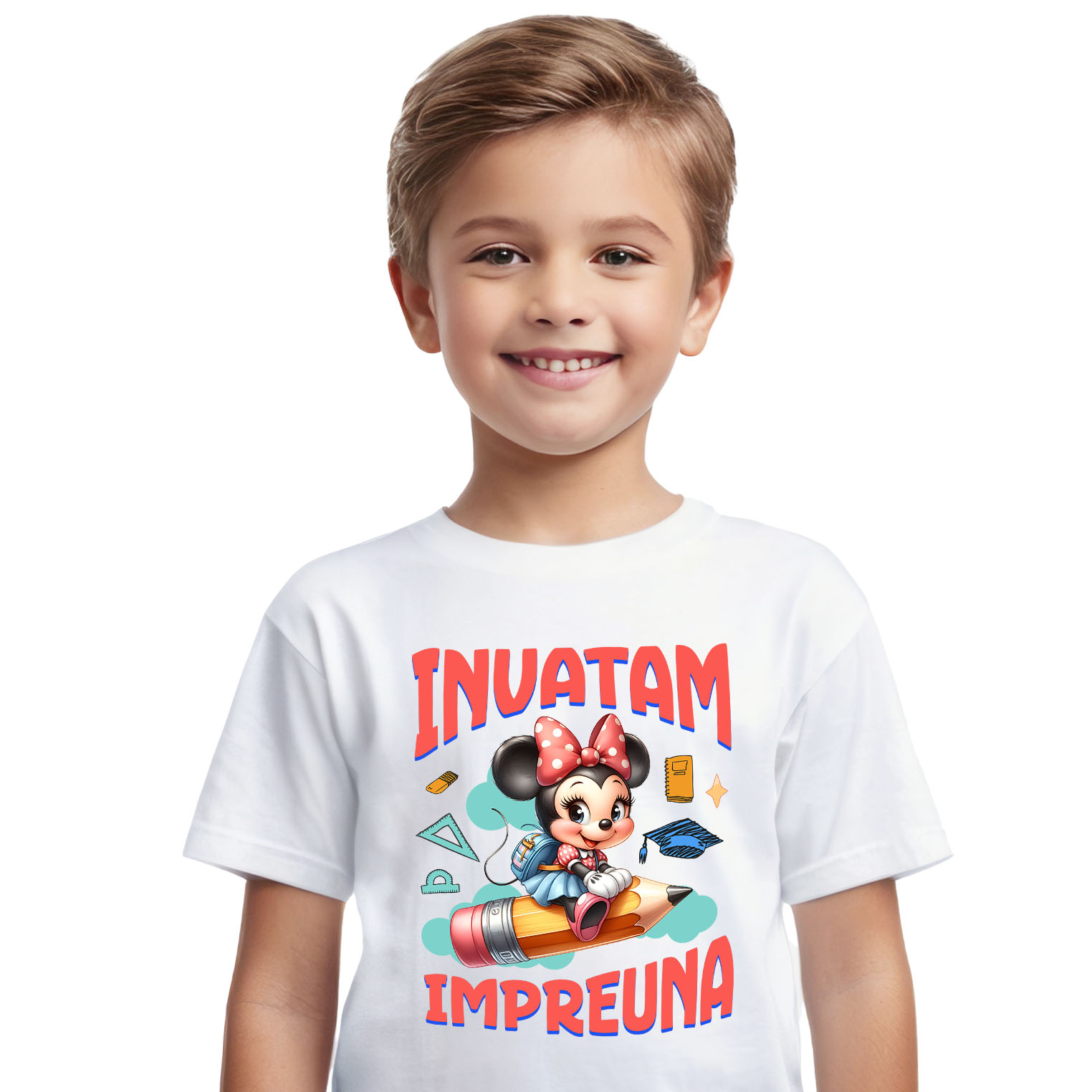Tricou Copii cu Minnie Mouse – Invatatura Cu Stil, Impreuna Cu Prietenii 100% Bumbac, Alb, 6 Ani [1]