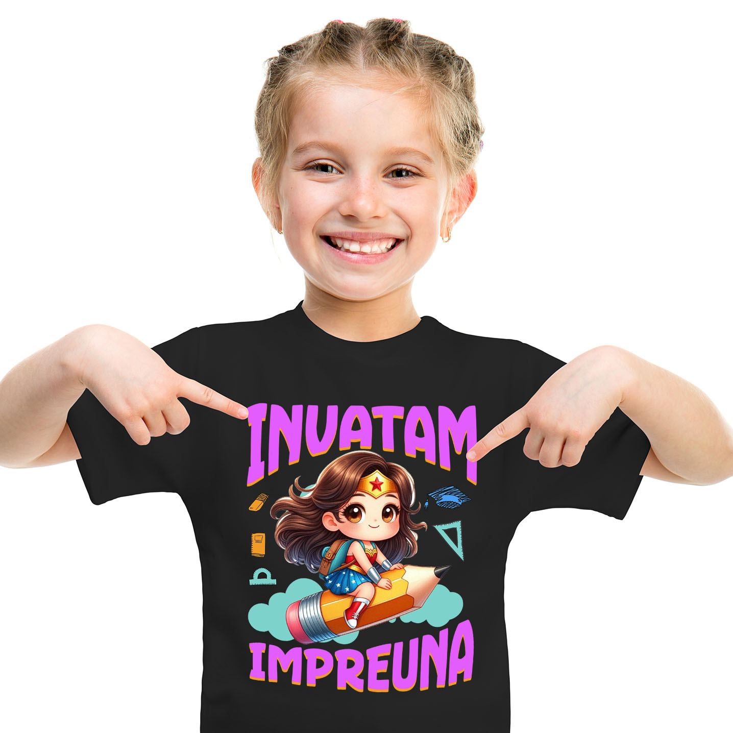 Educatie - Tricou Copii cu Wonder Woman – Joaca si Cunoastere 100% Bumbac, Negru, 10 Ani