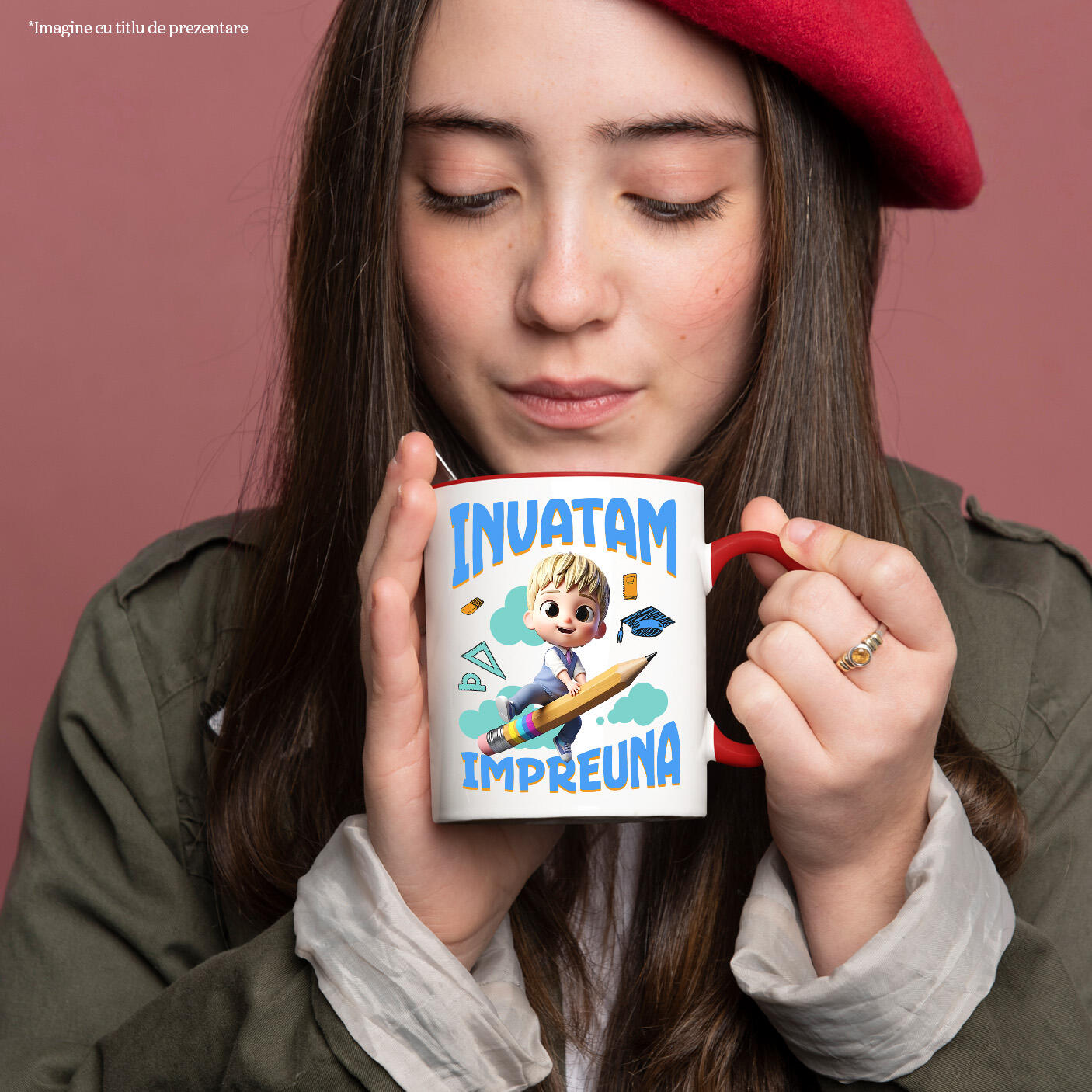 Cana Cu Copil – Invata prin Joaca Ceramica, 330ML, cu Maner Rosu [1]