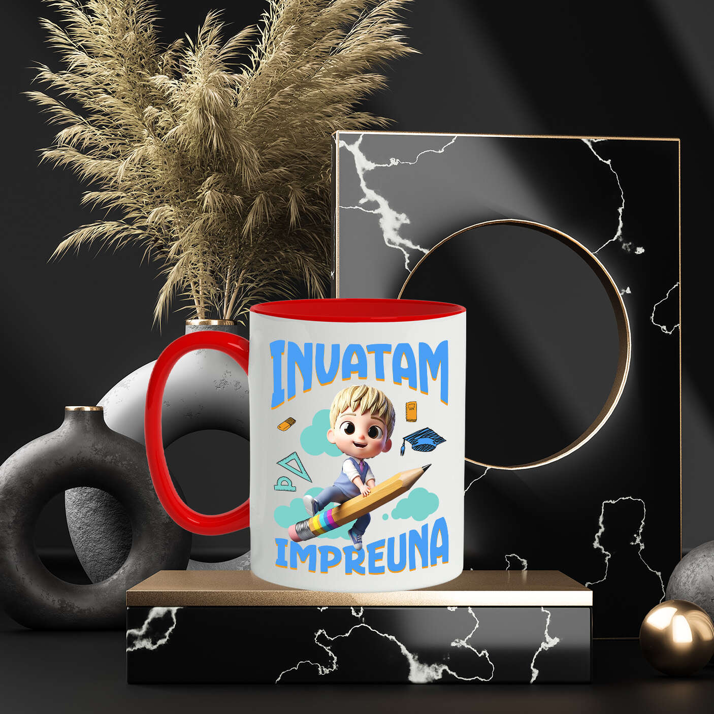 Cana Cu Copil – Invata prin Joaca Ceramica, 330ML, cu Maner Rosu [2]