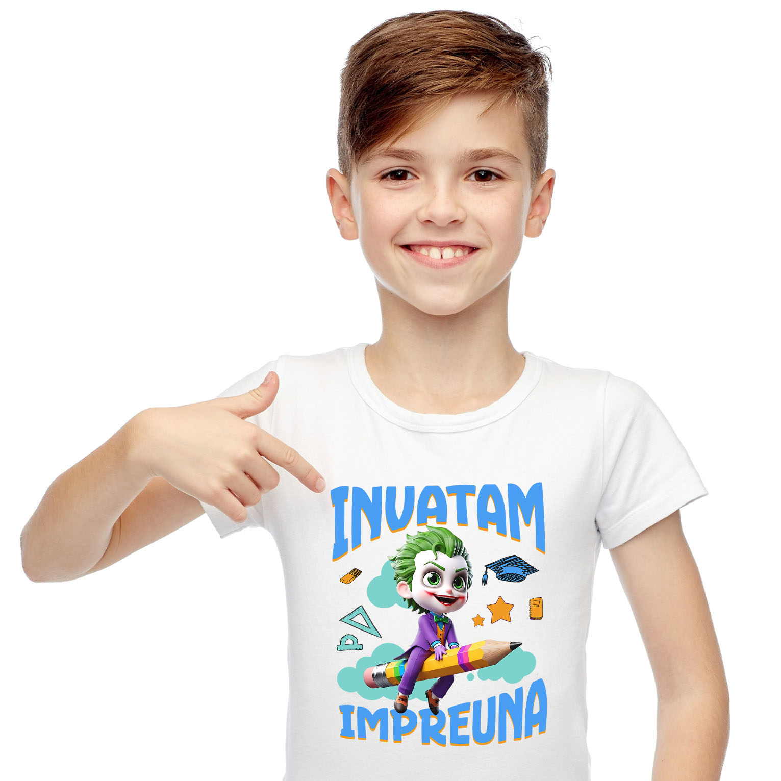 Educatie - Tricou Copii cu Joker – Invata prin Joaca 100% Bumbac, Alb, 10 Ani