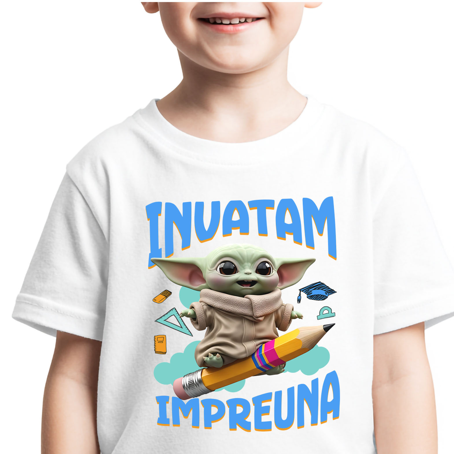 Educatie - Tricou Copii cu Baby Yoda – Joaca, Zambet si Prietenie 100% Bumbac, Alb, 6 Ani