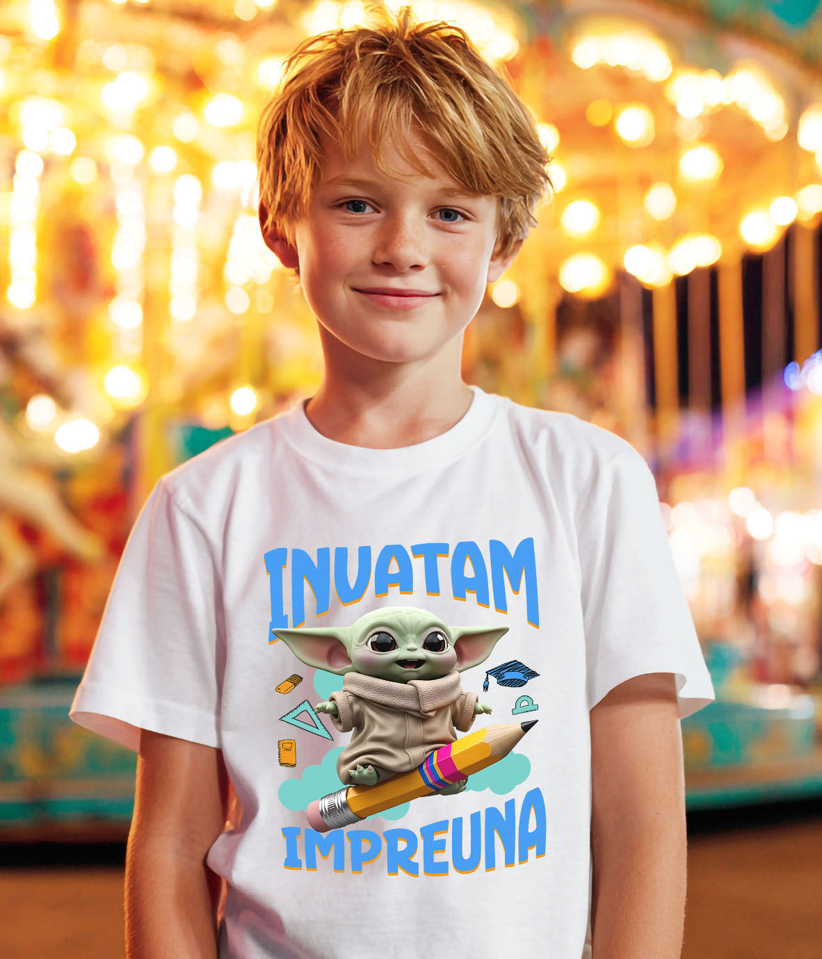 Tricou Copii cu Baby Yoda – Joaca, Zambet si Prietenie 100% Bumbac, Alb, 6 Ani [2]