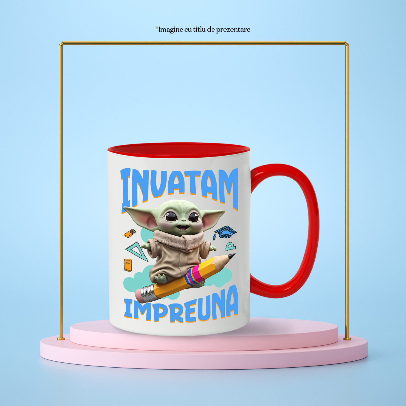 Cana Cu Baby Yoda – Joaca, Zambet si Prietenie Ceramica, 330ML, cu Maner Rosu [2]