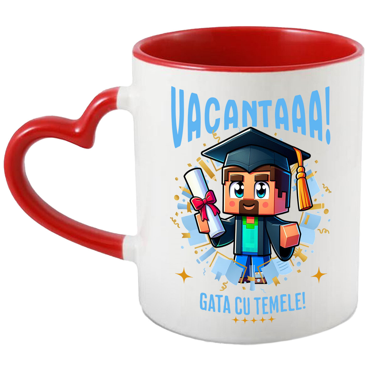 Educatie - Cana Cu Minecraft si Aventurile Diplomei de Vacanta Ceramica, 330ML, cu Maner Inima Rosie