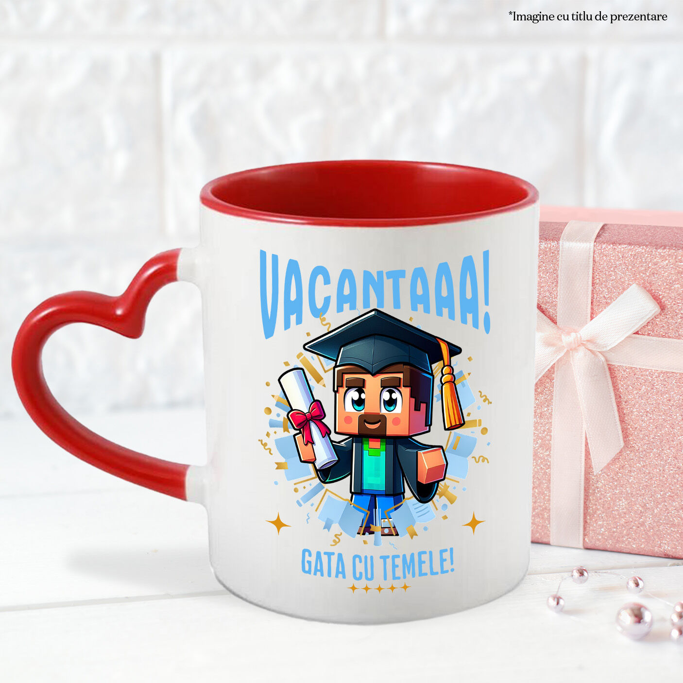 Cana Cu Minecraft si Aventurile Diplomei de Vacanta Ceramica, 330ML, cu Maner Inima Rosie [2]