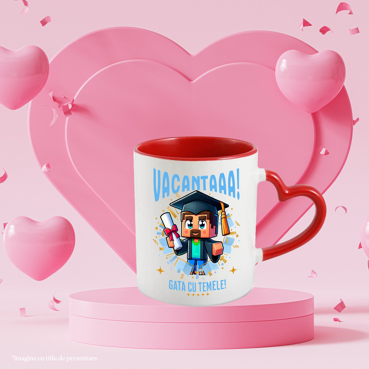 Cana Cu Minecraft si Aventurile Diplomei de Vacanta Ceramica, 330ML, cu Maner Inima Rosie [1]