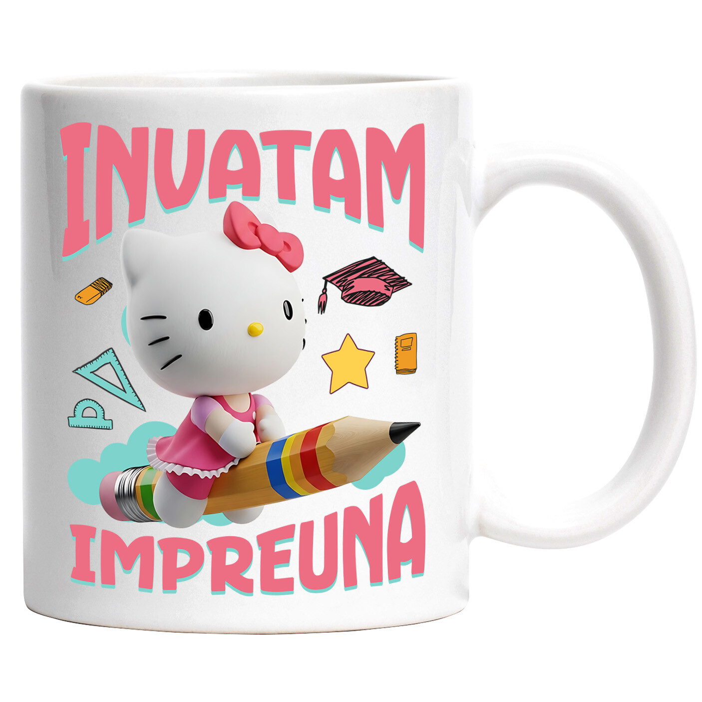 Desene Animate - Cana Cu Hello Kitty – Invatare Vesela cu Prietenii Ceramica, 330ML, cu Maner Alb