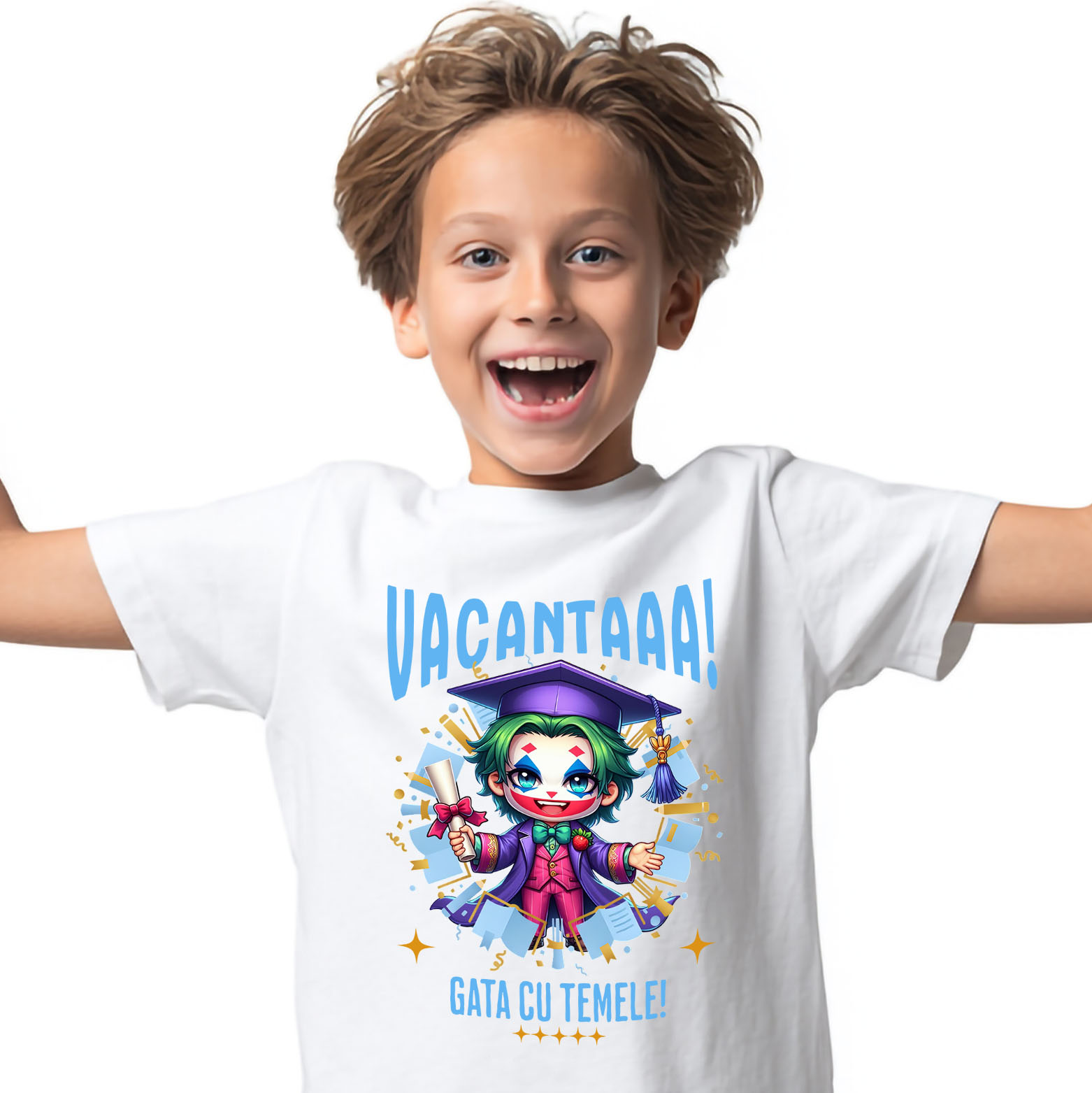 Educatie - Tricou Copii cu Joker in Aventuri Nebune de Vacanta si Diplome 100% Bumbac, Alb, 12 Ani