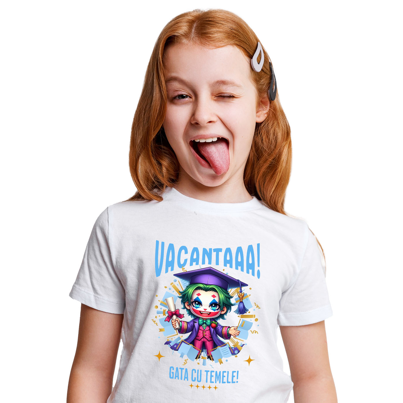 Tricou Copii cu Joker in Aventuri Nebune de Vacanta si Diplome 100% Bumbac, Alb, 12 Ani [1]