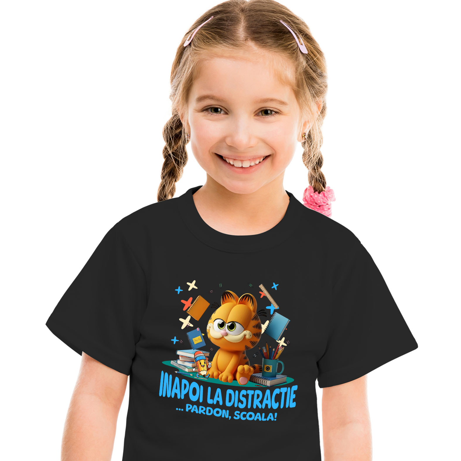 Tricou Copii cu Cu Garfield, Scoala Devine Amuzanta 100% Bumbac, Negru, 12 Ani [1]