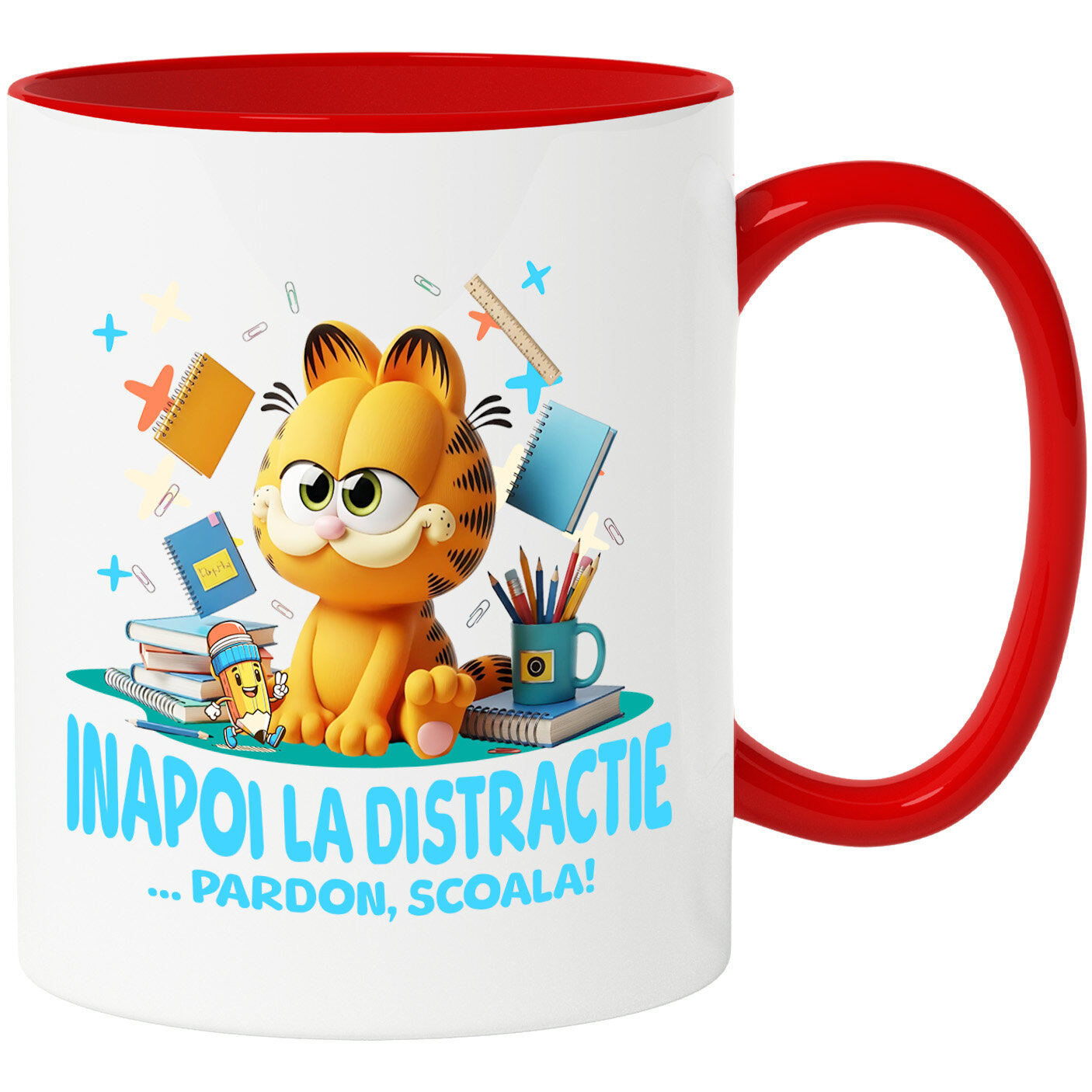 Educatie - Cana Cu Cu Garfield, Scoala Devine Amuzanta Ceramica, 330ML, cu Maner Rosu