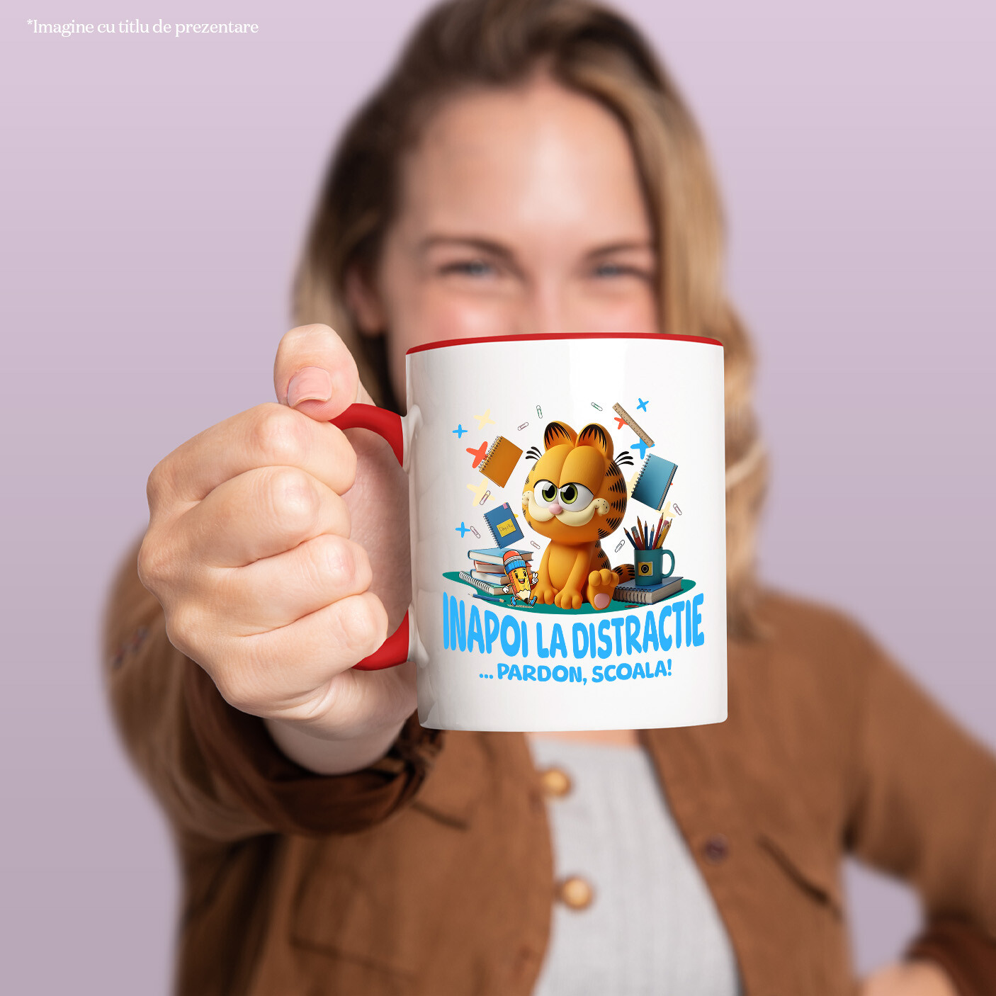 Cana Cu Cu Garfield, Scoala Devine Amuzanta Ceramica, 330ML, cu Maner Rosu [1]