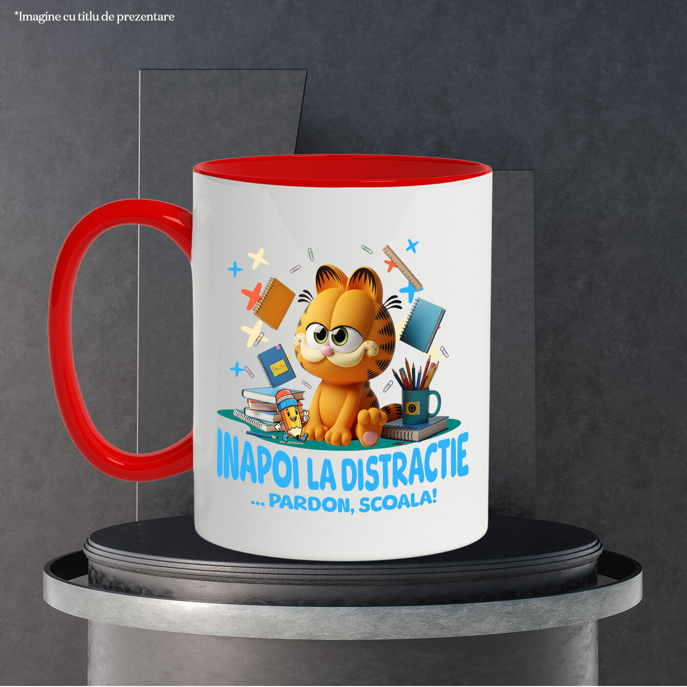 Cana Cu Cu Garfield, Scoala Devine Amuzanta Ceramica, 330ML, cu Maner Rosu [2]