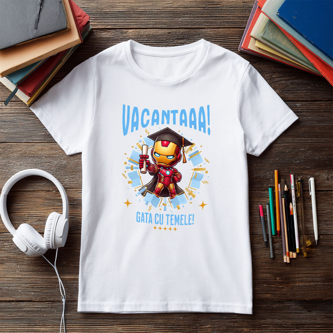 Tricou Copii cu Zile de Vacanta cu Iron Man si Diplome 100% Bumbac, Alb, 6 Ani [4]