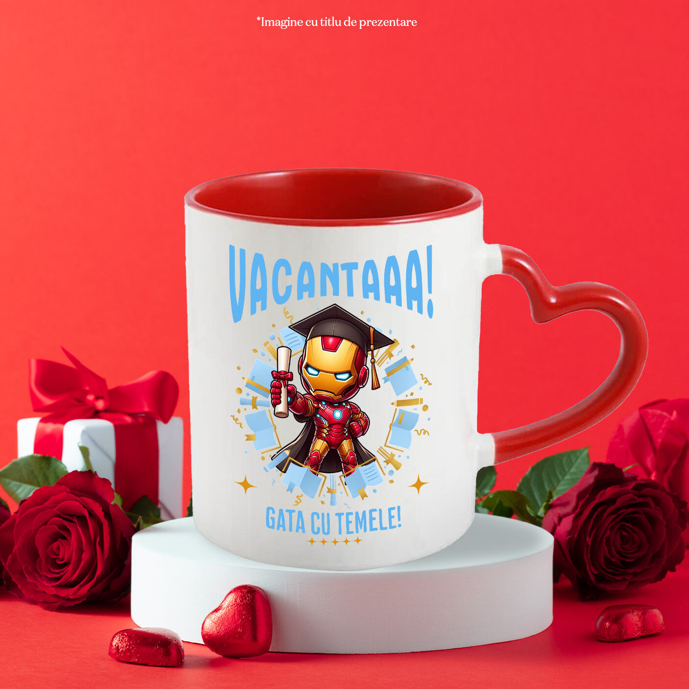 Cana Cu Zile de Vacanta cu Iron Man si Diplome Ceramica, 330ML, cu Maner Inima Rosie [2]