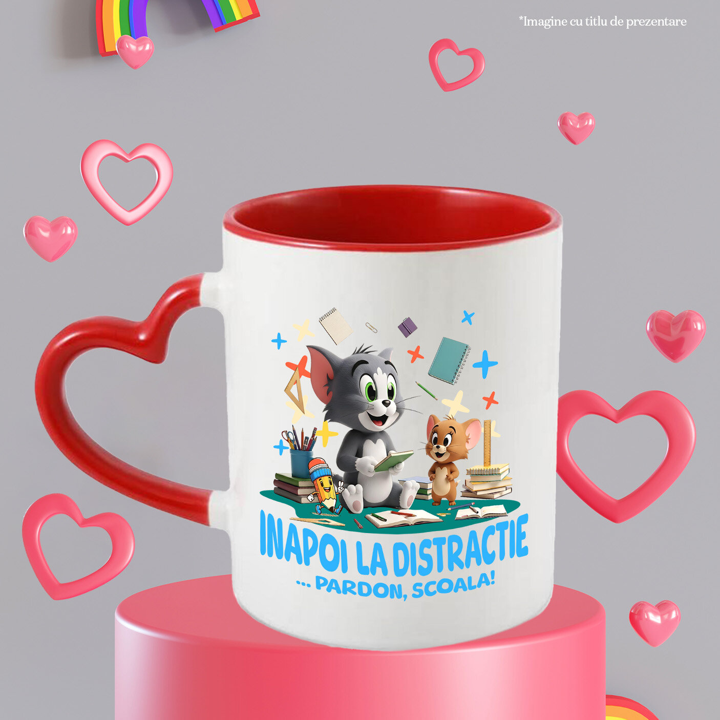 Cana Cu Tom and Jerry – Prieteni, Zambet Si Scoala Ceramica, 330ML, cu Maner Inima Rosie [2]