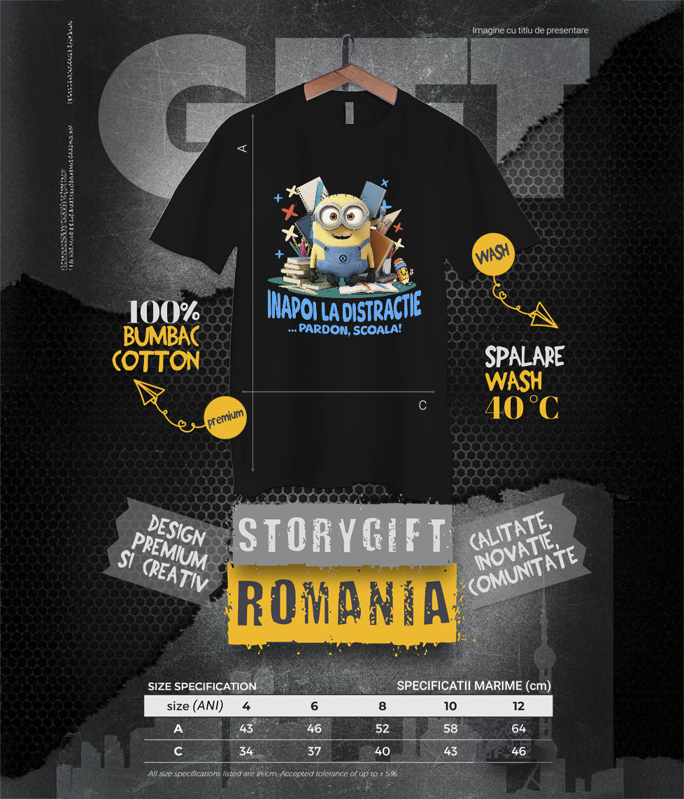 Tricou Copii cu Cu Minions, Invatarea E Haiosa 100% Bumbac, Negru, 12 Ani [5]