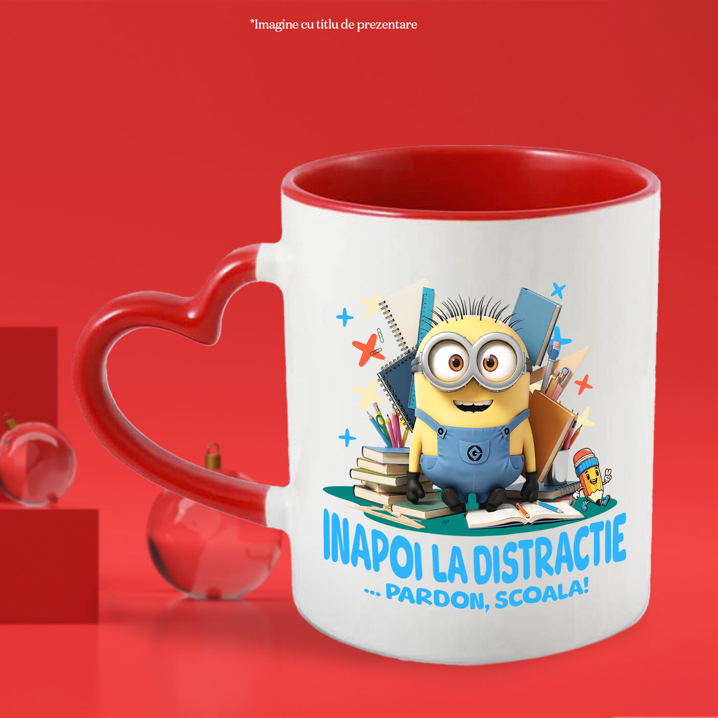 Cana Cu Cu Minions, Invatarea E Haiosa Ceramica, 330ML, cu Maner Inima Rosie [1]