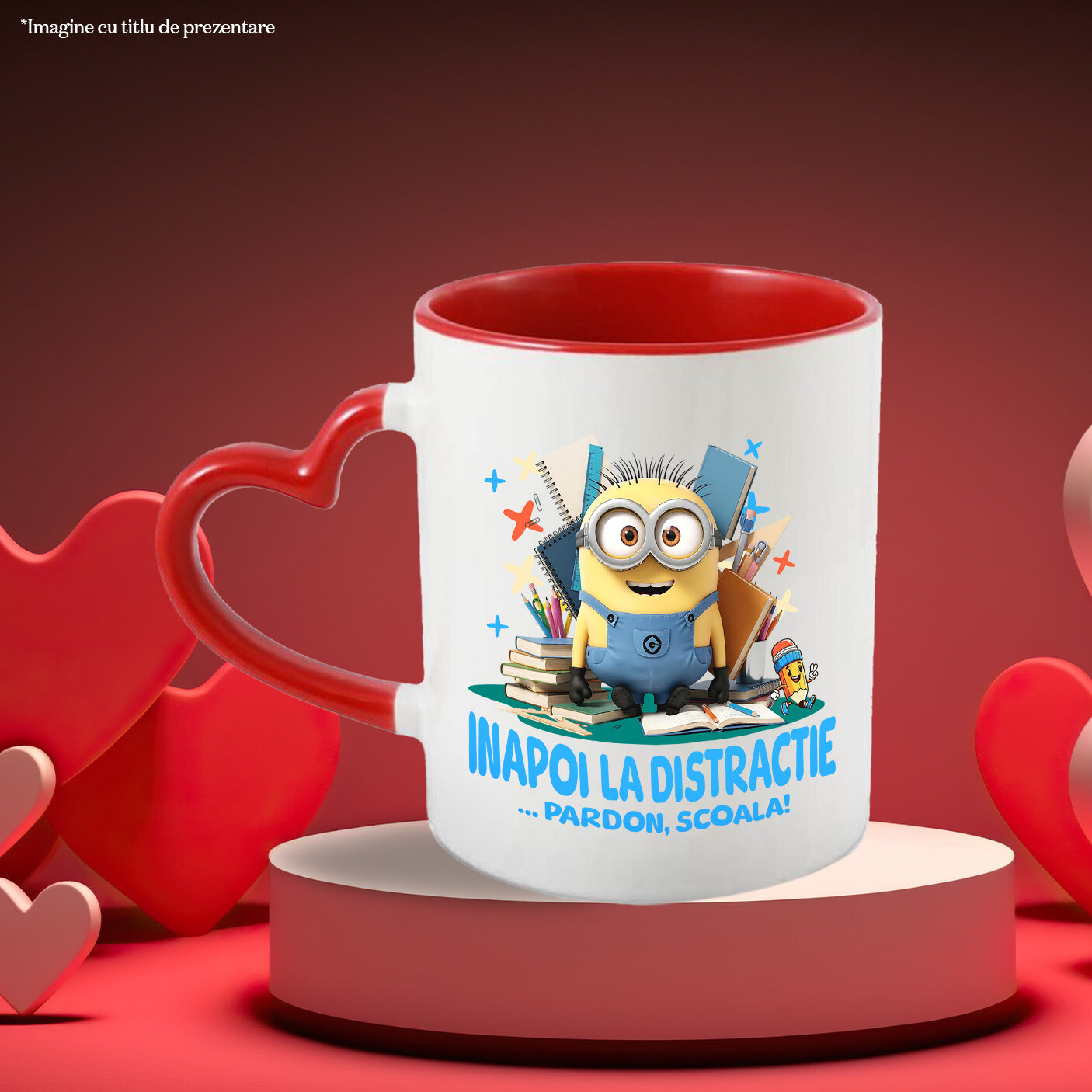 Cana Cu Cu Minions, Invatarea E Haiosa Ceramica, 330ML, cu Maner Inima Rosie [2]