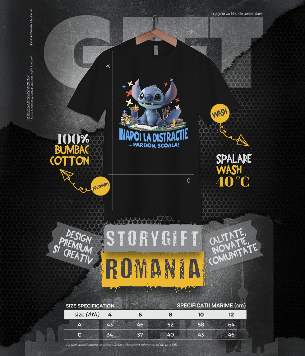 Tricou Copii cu Stitch – Joaca Si Aventuri Amuzante 100% Bumbac, Negru, 12 Ani [5]