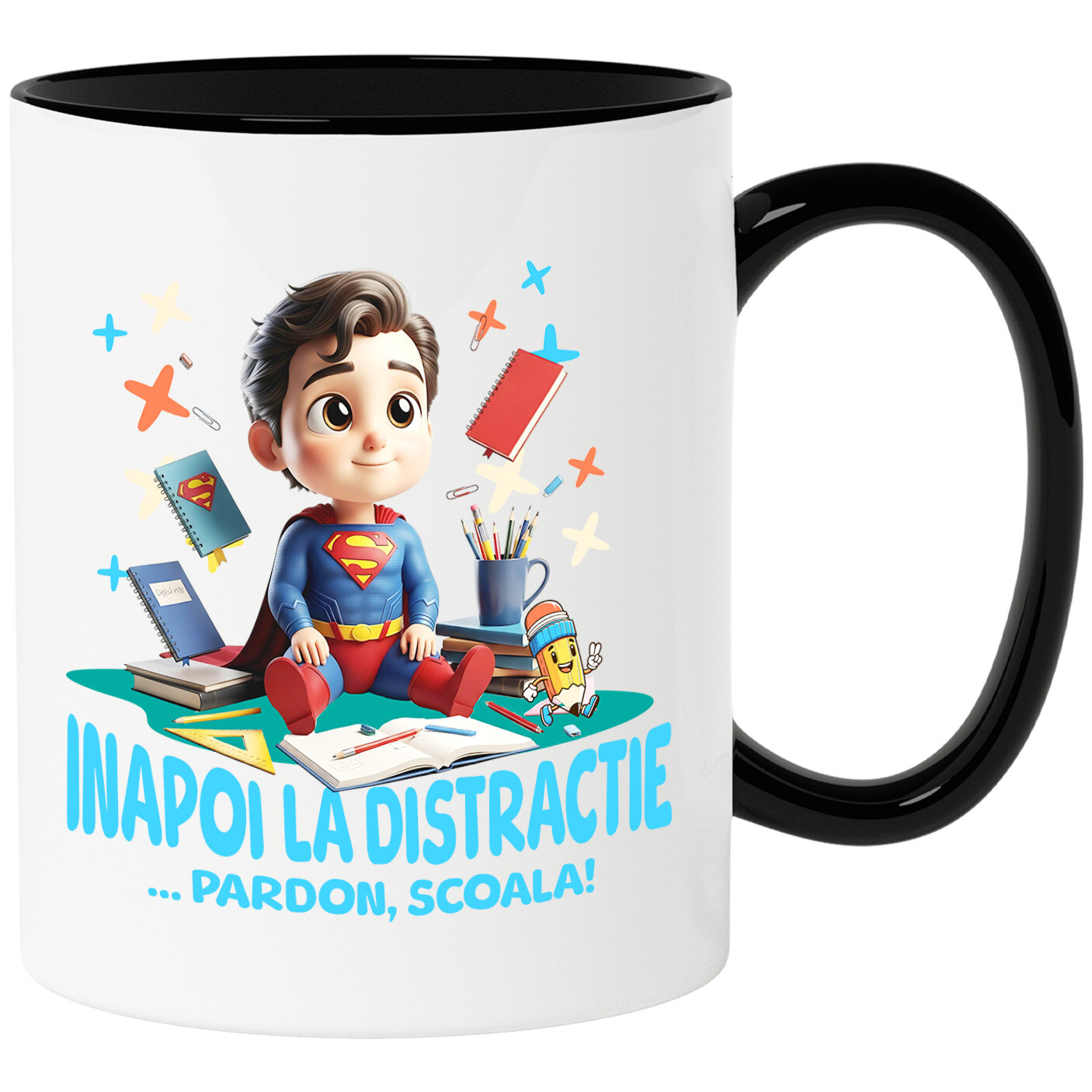 Educatie - Cana Cu Superman – Scoala Devine Super Ceramica, 330ML, cu Maner Negru