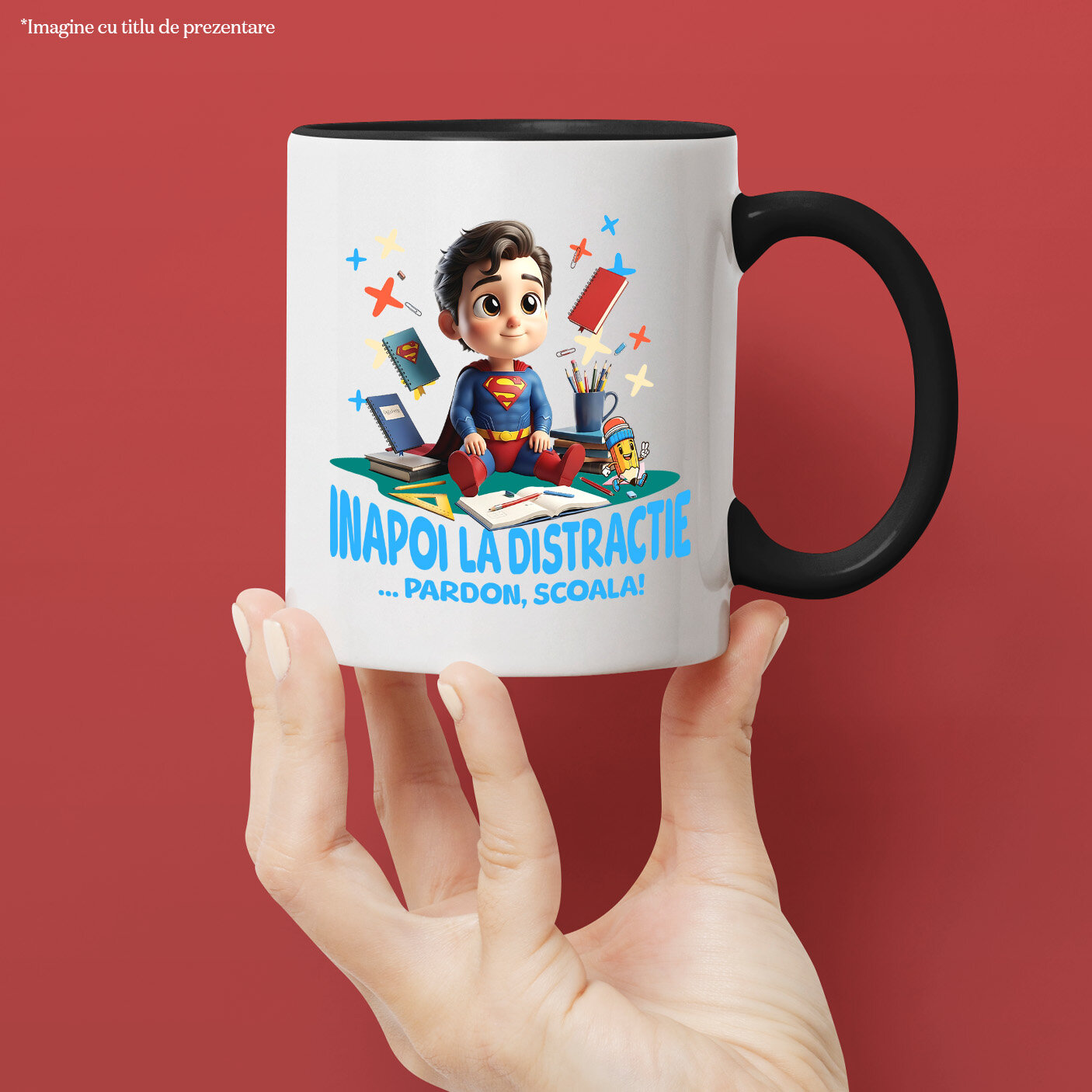 Cana Cu Superman – Scoala Devine Super Ceramica, 330ML, cu Maner Negru [1]