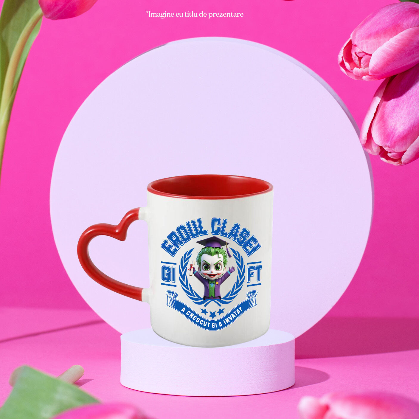 Cana Cu Joker Erou – Scoala Devine Distractie Ceramica, 330ML, cu Maner Inima Rosie [1]