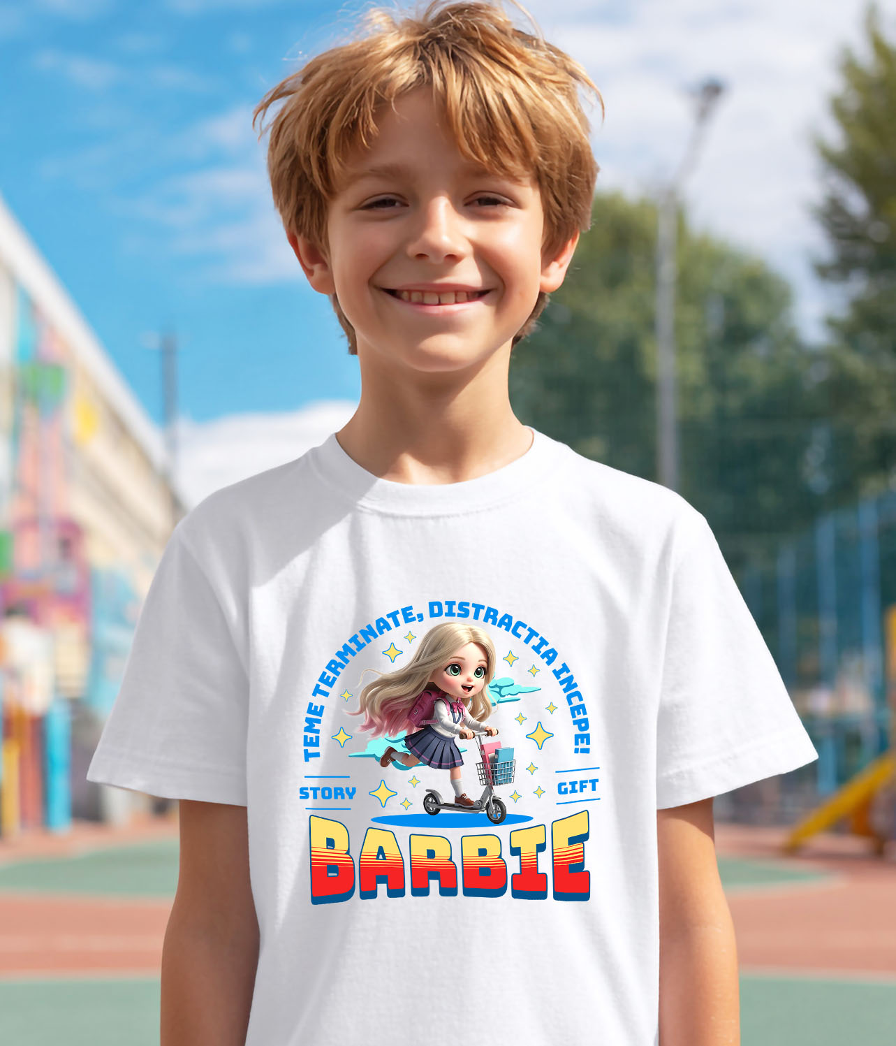 Tricou Copii cu Barbie: Skateboard Si Zambete 100% Bumbac, Alb, 12 Ani [3]