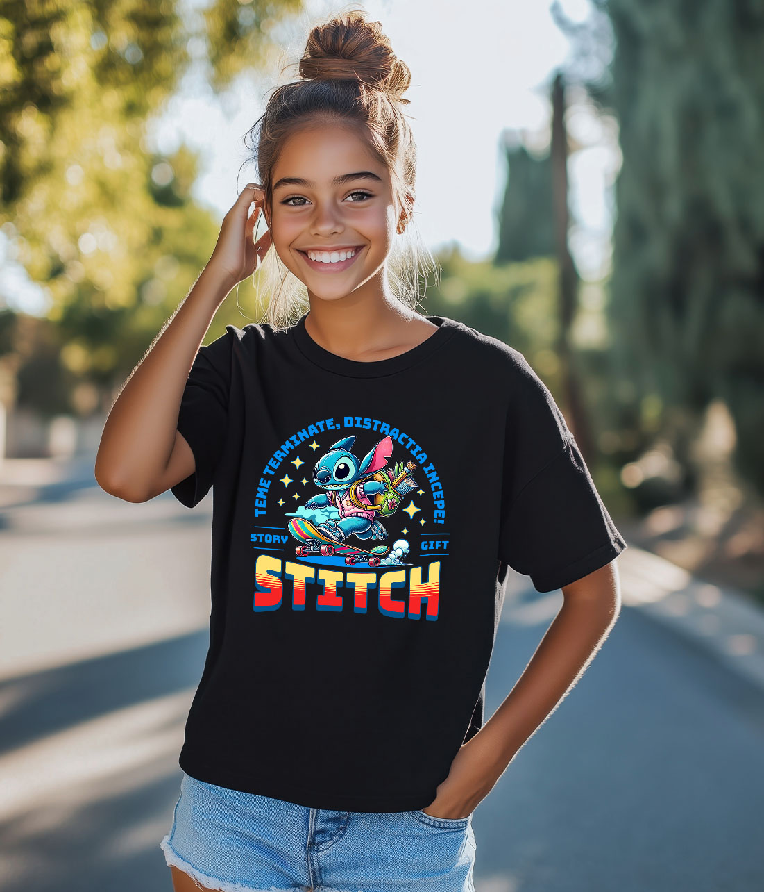 Tricou Copii cu Skateboard Stitch: Răsfață-te cu Distracție De Neoprit 100% Bumbac, Negru, 10 Ani [3]