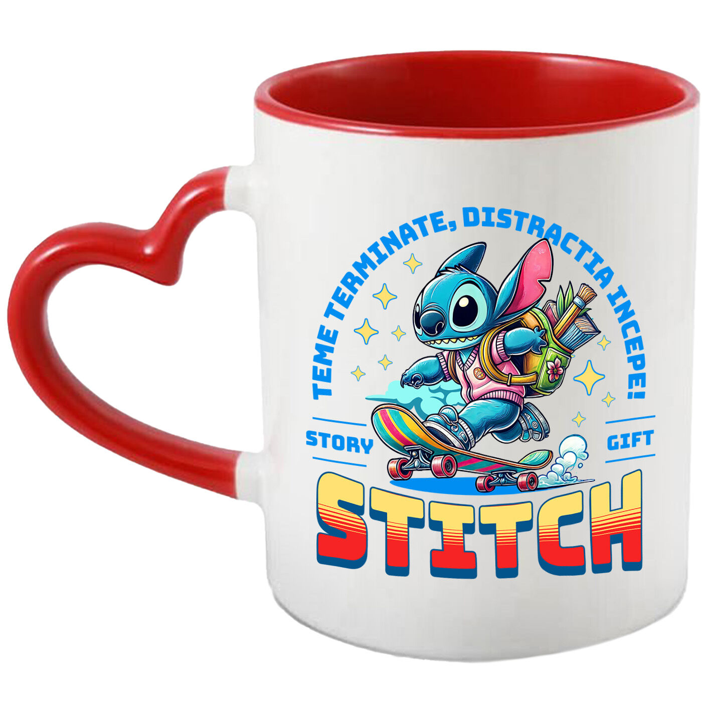 Educatie - Cana Cu Skateboard Stitch: Răsfață-te cu Distracție De Neoprit Ceramica, 330ML, cu Maner Inima Rosie