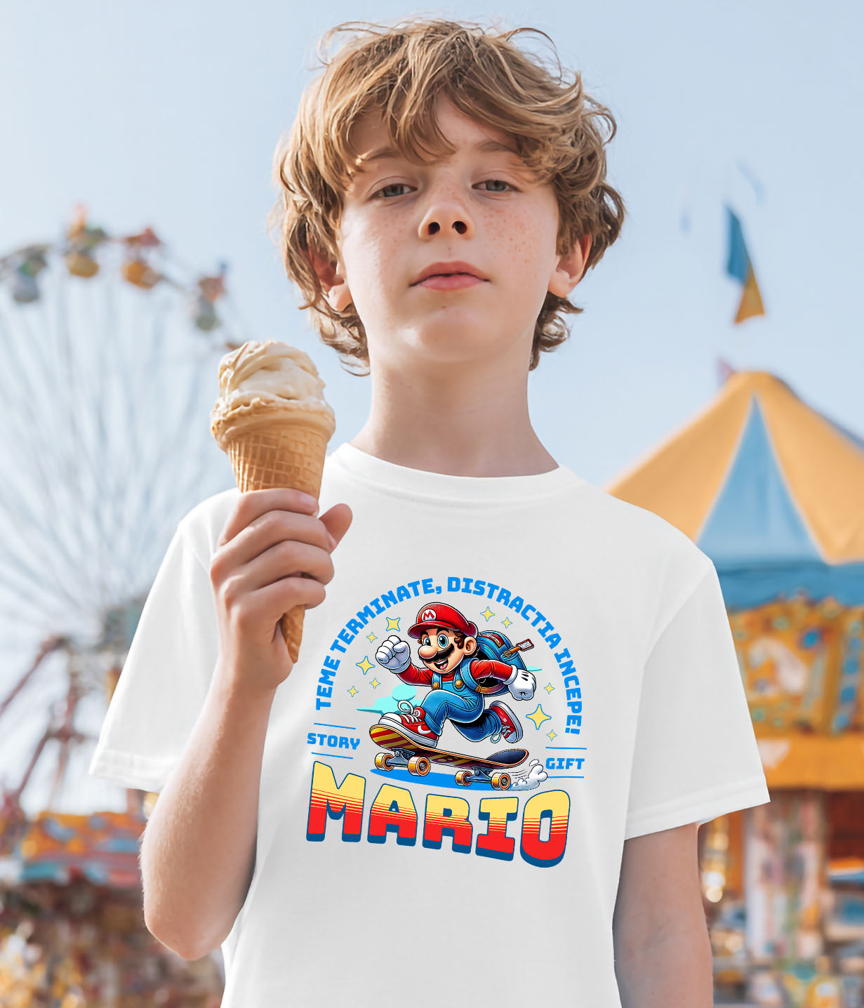 Tricou Copii cu Zboara pe Strazi cu Sonic Skateboard 100% Bumbac, Alb, 10 Ani [2]